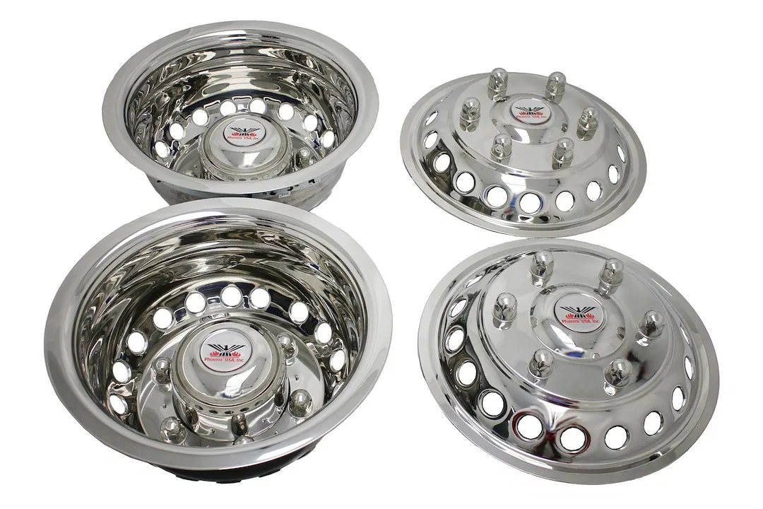 QS16A – PHOENIX USA Wheel Simulator, Fits 16 Inch Diameter 6 Lug Dual Wheels Polished Stainless Steel Snap-On Set Of ...